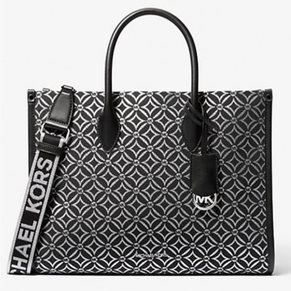 Michael Kors Mirella Medium Metallic Logo Jacquard Tote Bag Black
